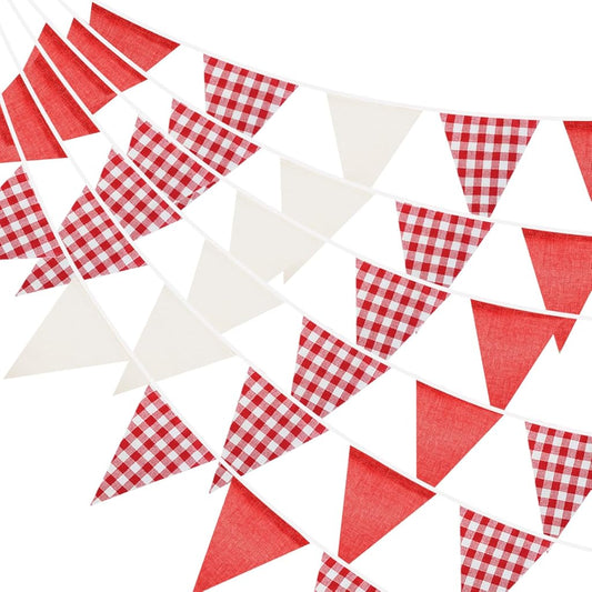 Red and White Gingham Fabric Bunting Banner, 32Ft Cotton Burlap Triangle Garland for Valentine's Day, V1258-DP02-B-2715
