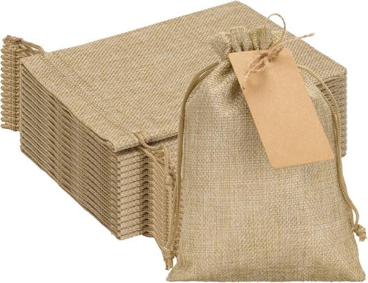 24 Pcs Burlap Gift Bags with Drawstring 5x7 Inch, Rustic Gift Favor Bags with Kraft Tags & Jute String for V1258-DP02-B-2717