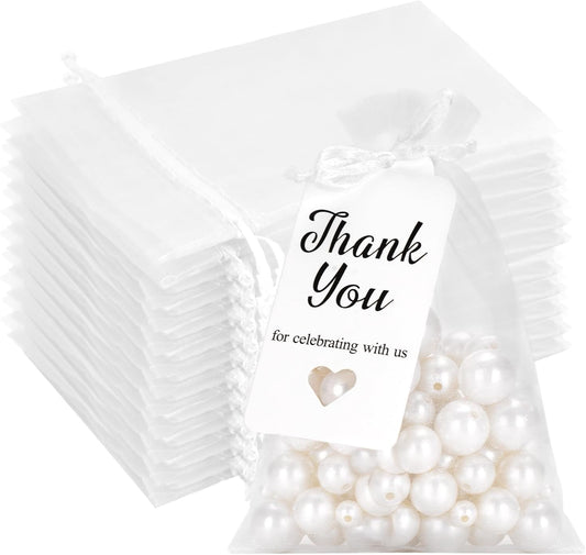 50 Pcs White Organza Bags 4x6 with Thank You Tags, Drawstring Sheer Mesh Gift Bags for Wedding Favors, Bridal V1258-DP02-B-2719