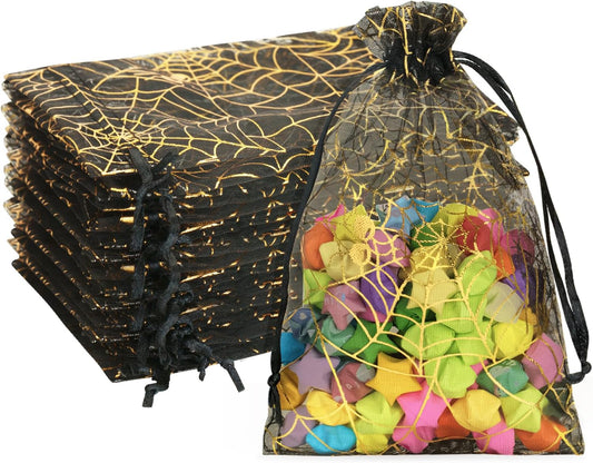 Halloween Organza Drawstring Bags-50PCS Black Sheer Mesh Pouches 4x6, Trick or Treat Candy Bags with V1258-DP02-B-2723