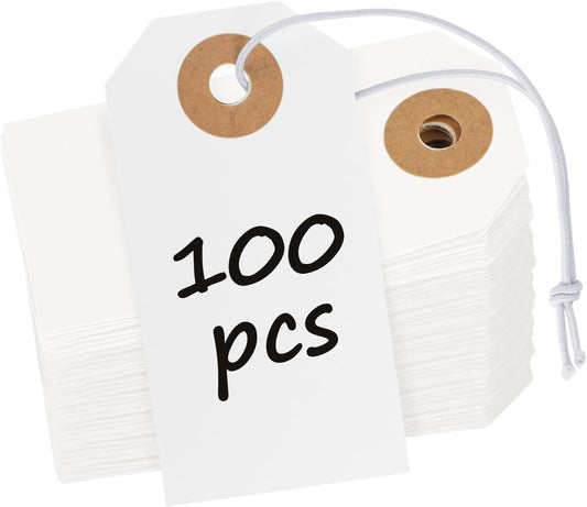 100 Pcs White Blank Shipping Tags with Elastic String Attached Cardstock Paper Hang Tag with Reinforced V1258-DP02-B-2750