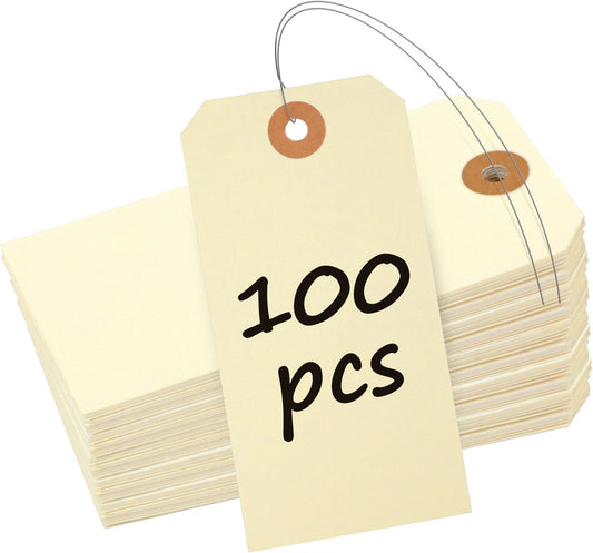 100 Pcs Manila Tags Blank Shipping Tag with Wire Attached 4.7 Inch Paper Hang Tag with Reinforced Eyelet V1258-DP02-B-2757