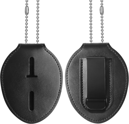 Police Badge Holder, Cowhide Law Enforcement Badge Holder with Metal Belt Clip & Stainless Steel Bead Chain, V1258-DP02-B-2762