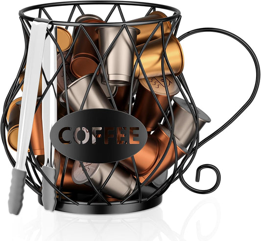 K Cup Holder with Ice Tongs, Large Capacity Coffee Pod Holder for 10-30 Capsules, Metal Wire K Cup Organizer V1258-DP02-B-2766
