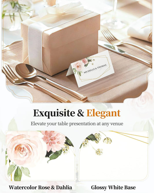 60 Pcs Paper Place Cards for Table Setting, 3.5" x 2" (Folded), Watercolor Rose Flower Seating Cards, Floral V1258-DP02-B-2771