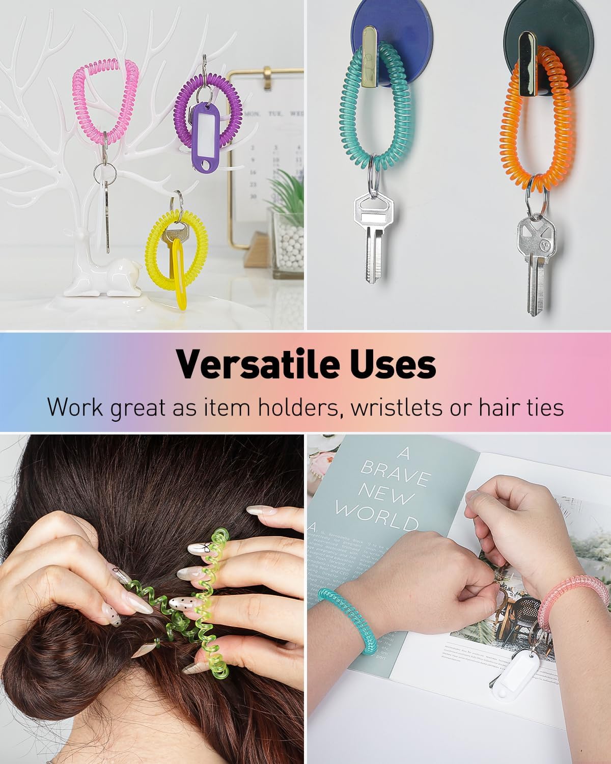 10 Color Wristlet Keychain Flexible Plastic Spring Spiral Coil Key Holder with Key Ring Chain V1258-DP02-B-2774