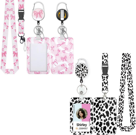 Fashionable Sliding Badge Holder Bowknot Pattern & Leopard Print Plastic Card Holder with Retractable Badge V1258-DP02-B-2783