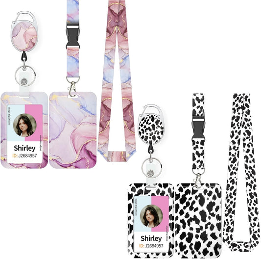 Pink Marble Pattern & Snow Leopard Print Plastic Card Holder with Retractable Badge Reel Carabiner Detachable V1258-DP02-B-2784