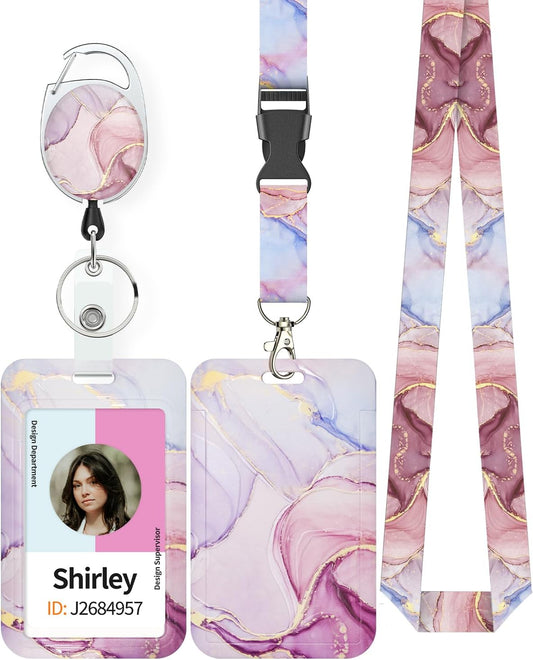 Pink Marble Pattern & Snow Leopard Print Plastic Card Holder with Retractable Badge Reel Carabiner Detachable V1258-DP02-B-2784