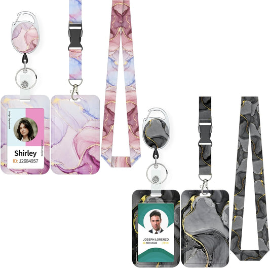 Marbling Sliding Badge Holder Pink & Black Marble Pattern Plastic Card Holder with Retractable Badge Reel V1258-DP02-B-2787