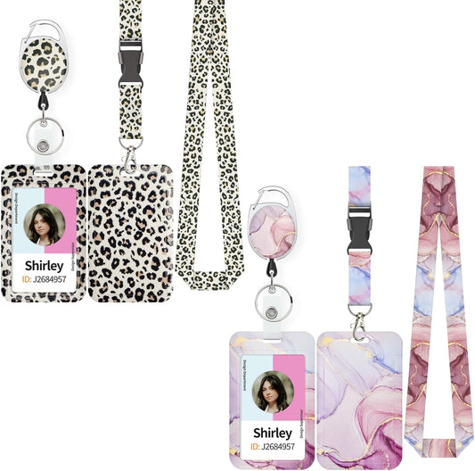 Fashionable Sliding Badge Holder Leopard Print & Pink Marble Plastic Case with Retractable Badge Reel V1258-DP02-B-2788