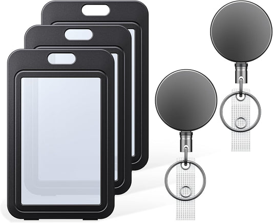 3 Pack ID Badge Holder Vertical with Double-Sided Windows and 2 Pack Metal Retractable Keychain Heavy Duty V1258-DP02-B-2790