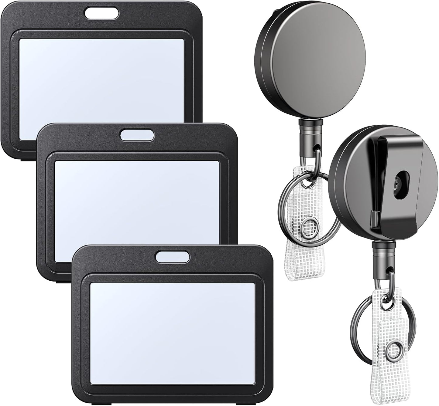 3 Pack ID Badge Holder Horizontal with Double-Sided Windows and 2 Pack Metal Retractable Keychain Heavy Duty V1258-DP02-B-2791