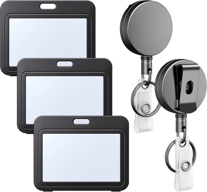 3 Pack ID Badge Holder Horizontal with Double-Sided Windows and 2 Pack Metal Retractable Keychain Heavy Duty V1258-DP02-B-2791