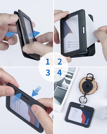 3 Pack ID Badge Holder Horizontal with Double-Sided Windows and 2 Pack Metal Retractable Keychain Heavy Duty V1258-DP02-B-2791
