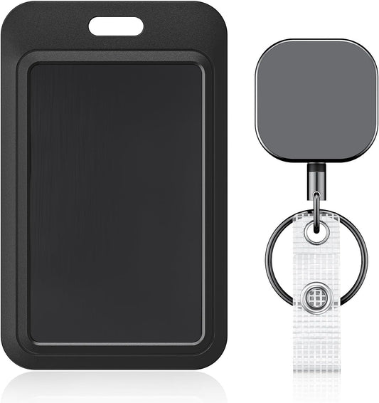 3 Pack Sliding ID Badge Holder Hard Black Vertical Plastic Card Case and 2 Pack Metal Retractable Keychain V1258-DP02-B-2793
