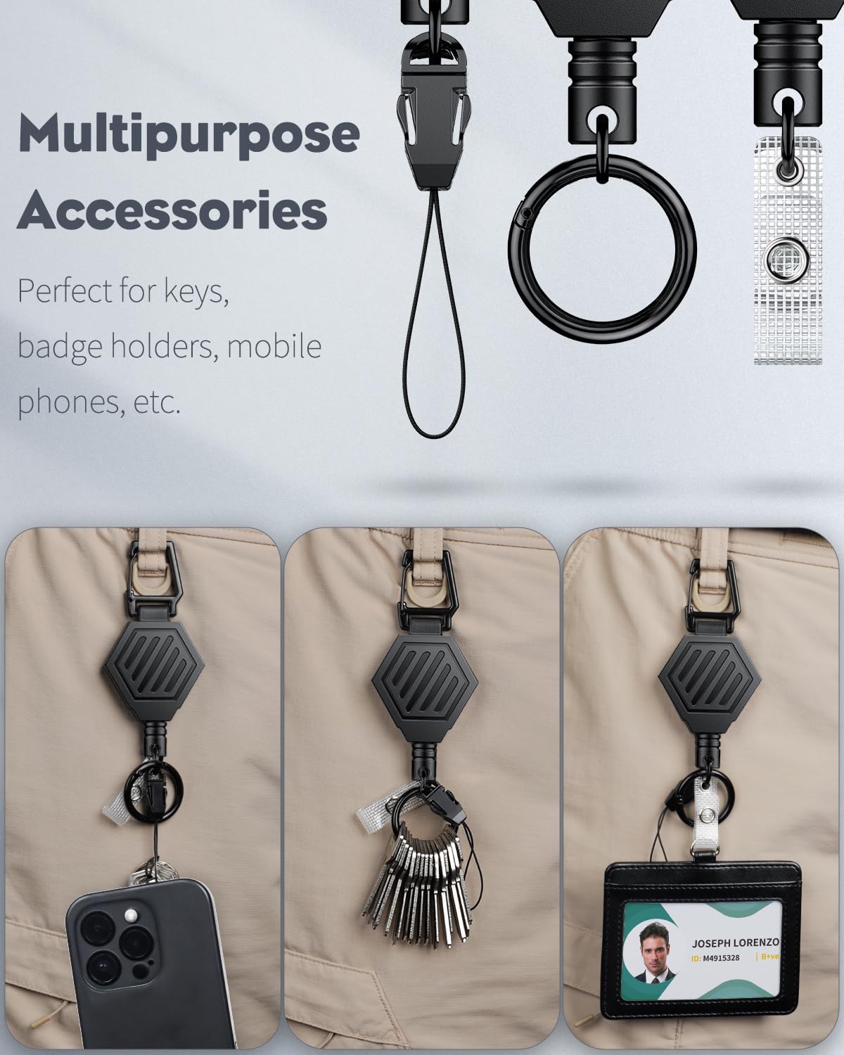 Heavy Duty Retractable Keychain with Magnetic Closure Retractable Badge Reel with 3 Pack ID Badge Holder with V1258-DP02-B-2799