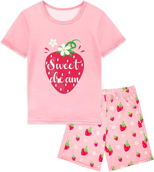 Girls Pajamas Short Sleeve Toddler Summer Pjs Girls' Sleepwear 2 Pieces Lounge Sets Kids Clothes 3T-14Y V1258-DP02-B-28