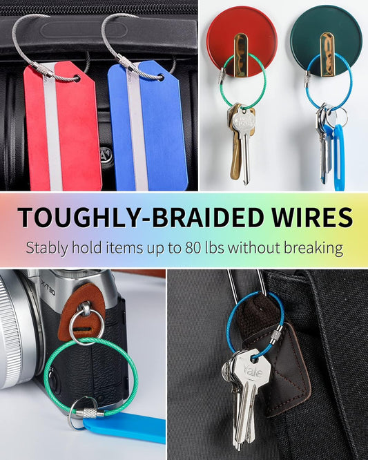 12 PCS 4 Inch Wire Keychain Cable in 6 Assorted Colors Large Stainless Steel Key Ring Loop Holder and 40 PCS V1258-DP02-B-2815