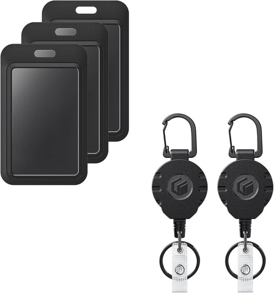 3 Pack Sliding Badge Holder Vertical Plastic Case and 2 Pack Retractable Keychain Badge Reel for up to 8 oz V1258-DP02-B-2816