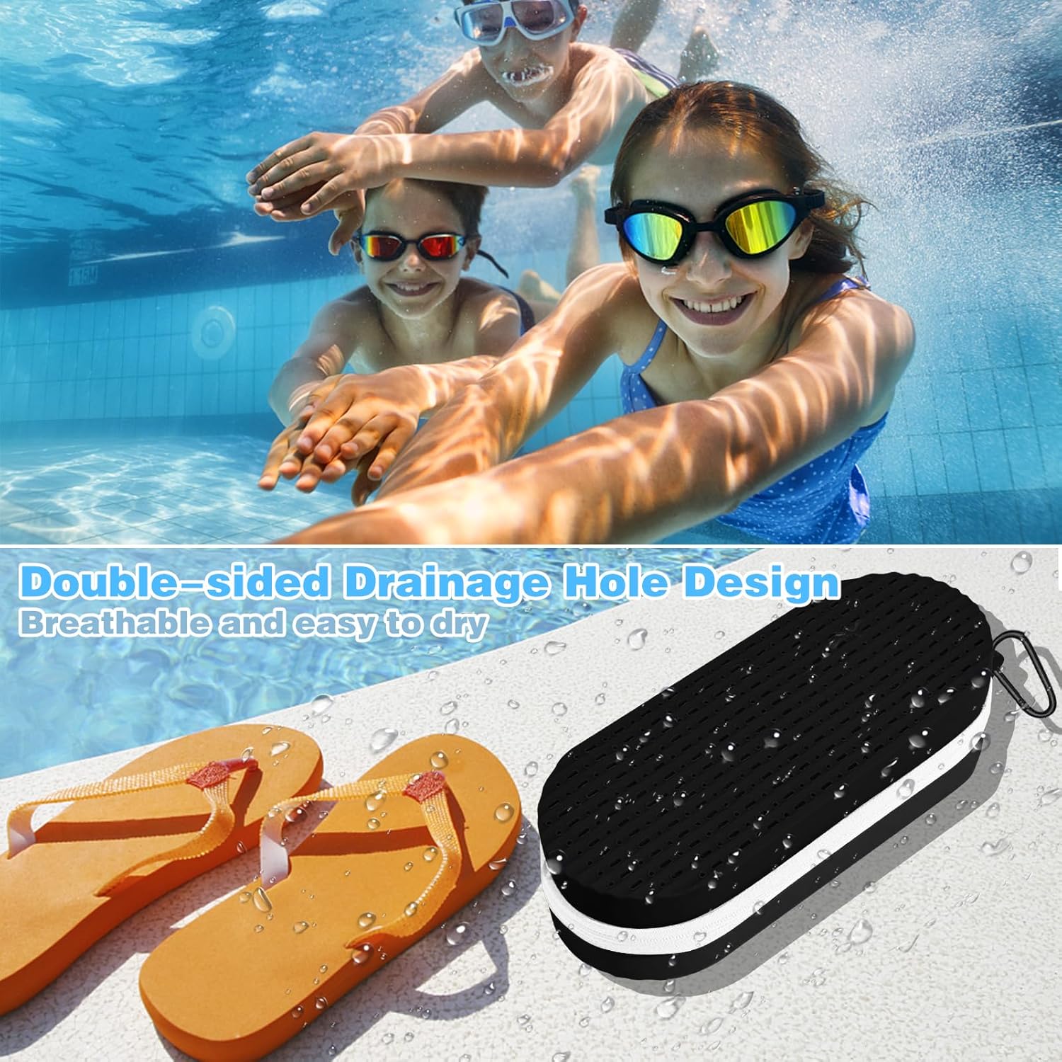 Swim Goggles Case with Drain Hole, Portable Zipper Eye Box with Hook for Goggles Sunglasses Eyeglass (Black) V1258-DP02-B-2821