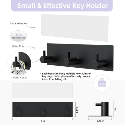 Key Holder Wall Mount, Small Metal Self Adhesive Key Hanger with 3 Hooks, No Drilling, Extra Adhesive Strip, V1258-DP02-B-283