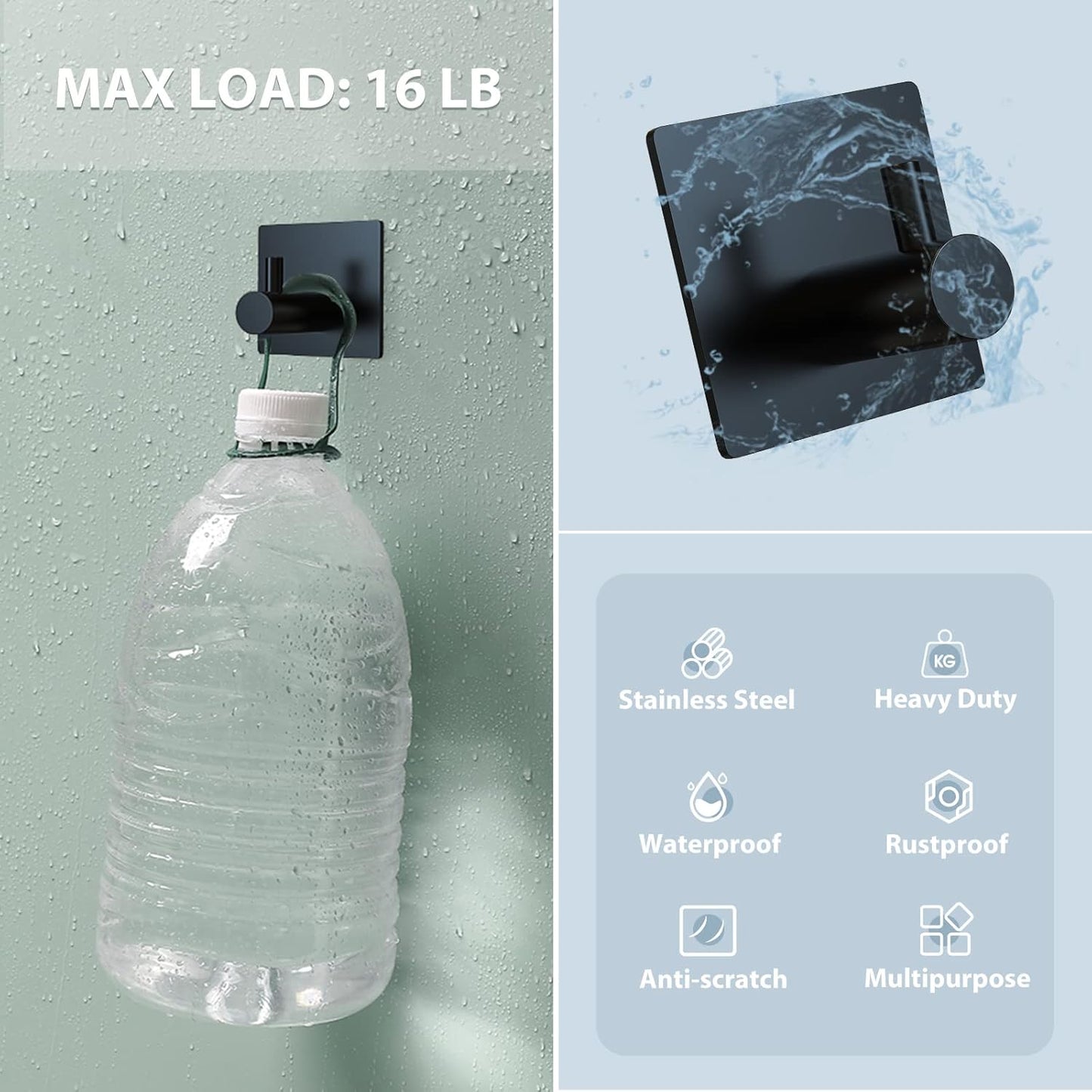 Adhesive Towel Hooks, Waterproof Shower Wall Stick on Hooks, 2 Extra Adhesive Strips, Black, 4 Pcs V1258-DP02-B-284