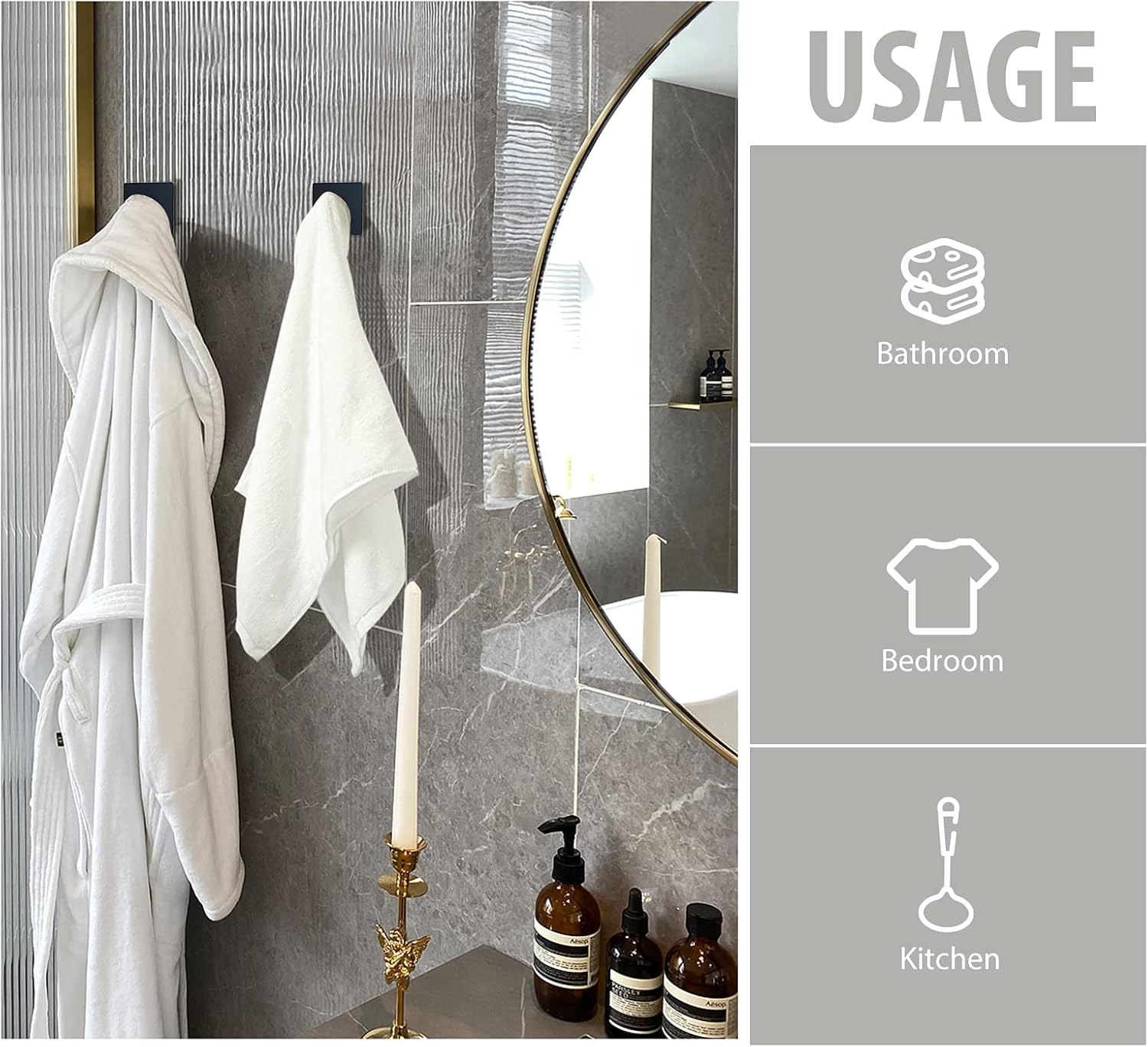 Adhesive Towel Hooks, Waterproof Shower Wall Stick on Hooks, 2 Extra Adhesive Strips, Black, 4 Pcs V1258-DP02-B-284