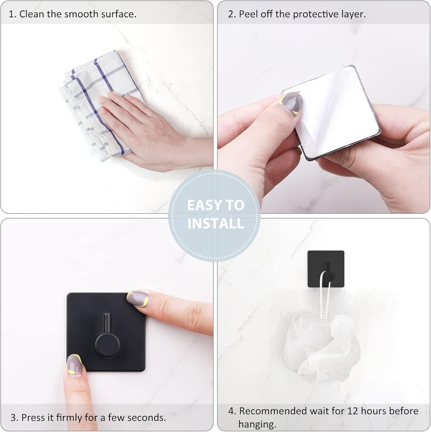 Adhesive Towel Hooks, Waterproof Shower Wall Stick on Hooks, 2 Extra Adhesive Strips, Black, 4 Pcs V1258-DP02-B-284