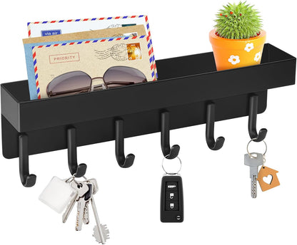 Key Holder Wall Mount, Compact Adhesive Key Rack with Tray, 6 Hooks, 2 Mount Options, Black V1258-DP02-B-285
