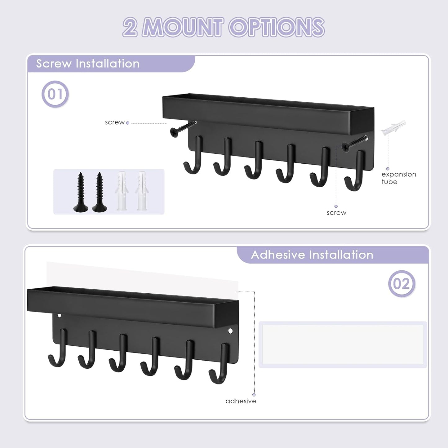 Key Holder Wall Mount, Compact Adhesive Key Rack with Tray, 6 Hooks, 2 Mount Options, Black V1258-DP02-B-285