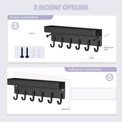 Key Holder Wall Mount, Compact Adhesive Key Rack with Tray, 6 Hooks, 2 Mount Options, Black V1258-DP02-B-285