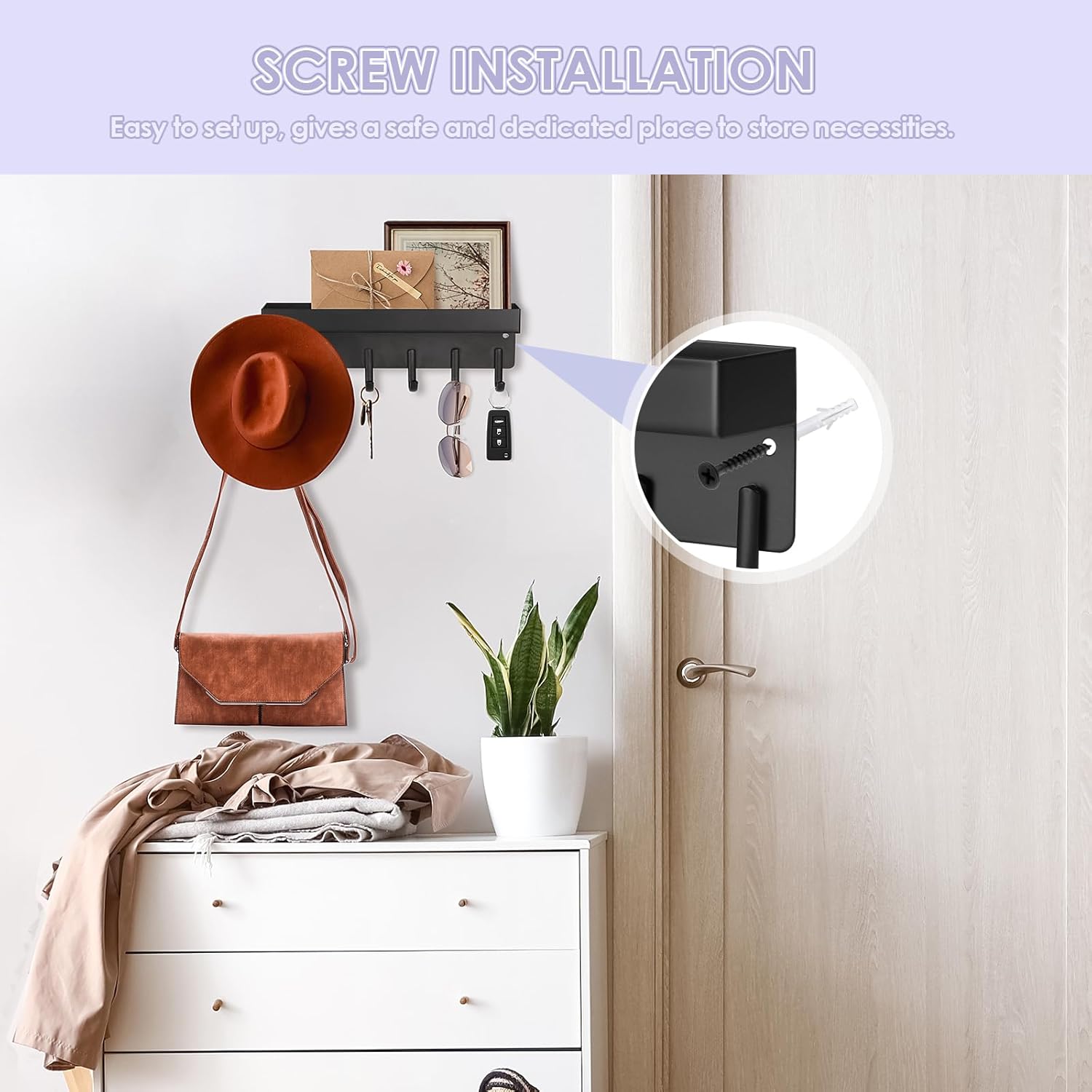 Key Holder Wall Mount, Compact Adhesive Key Rack with Tray, 6 Hooks, 2 Mount Options, Black V1258-DP02-B-285