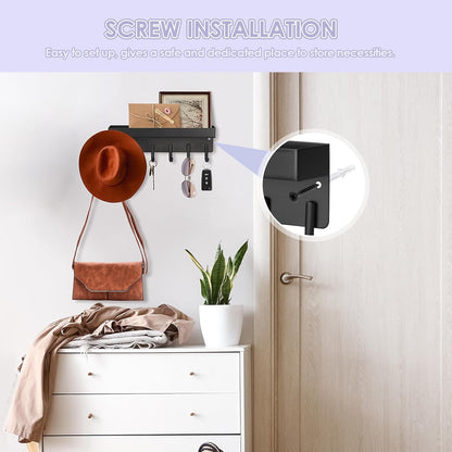 Key Holder Wall Mount, Compact Adhesive Key Rack with Tray, 6 Hooks, 2 Mount Options, Black V1258-DP02-B-285