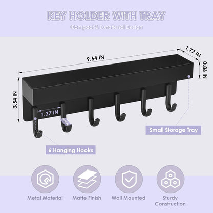Key Holder Wall Mount, Compact Adhesive Key Rack with Tray, 6 Hooks, 2 Mount Options, Black V1258-DP02-B-285