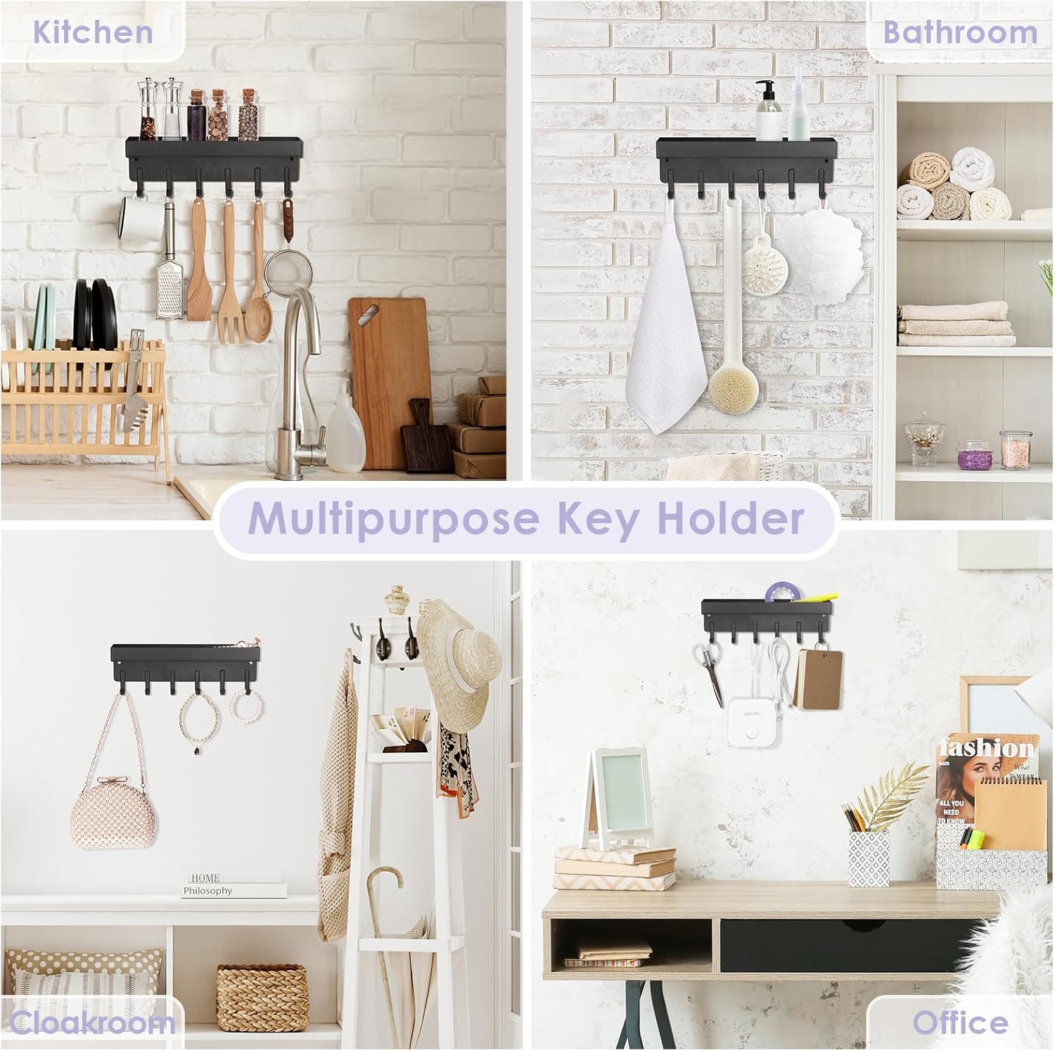 Key Holder Wall Mount, Compact Adhesive Key Rack with Tray, 6 Hooks, 2 Mount Options, Black V1258-DP02-B-285