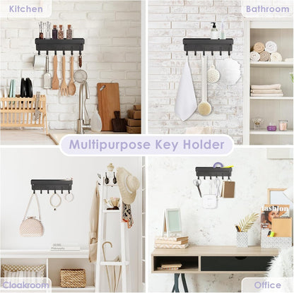 Key Holder Wall Mount, Compact Adhesive Key Rack with Tray, 6 Hooks, 2 Mount Options, Black V1258-DP02-B-285