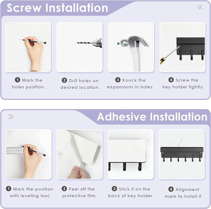 Key Holder Wall Mount, Compact Adhesive Key Rack with Tray, 6 Hooks, 2 Mount Options, Black V1258-DP02-B-285