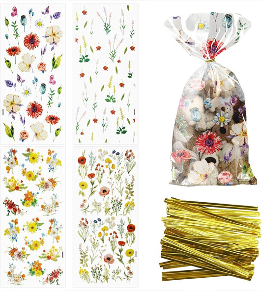 100Pcs Wildflower Party Cellophane Treat Bags Plastic Floral Candy Cookie Packing Clear Goody Gift Bags Favor V1258-DP02-B-2850