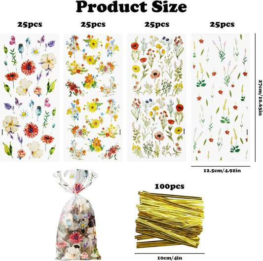 100Pcs Wildflower Party Cellophane Treat Bags Plastic Floral Candy Cookie Packing Clear Goody Gift Bags Favor V1258-DP02-B-2850