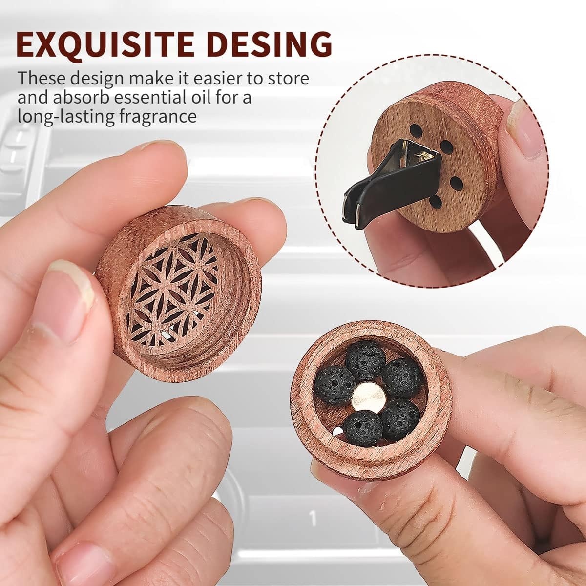 2-in-1 Car Aromatherapy Diffuser & Air Freshener, Portable Mini Wood Diffuser with Lava Stone, Essential Oil V1258-DP02-B-2851