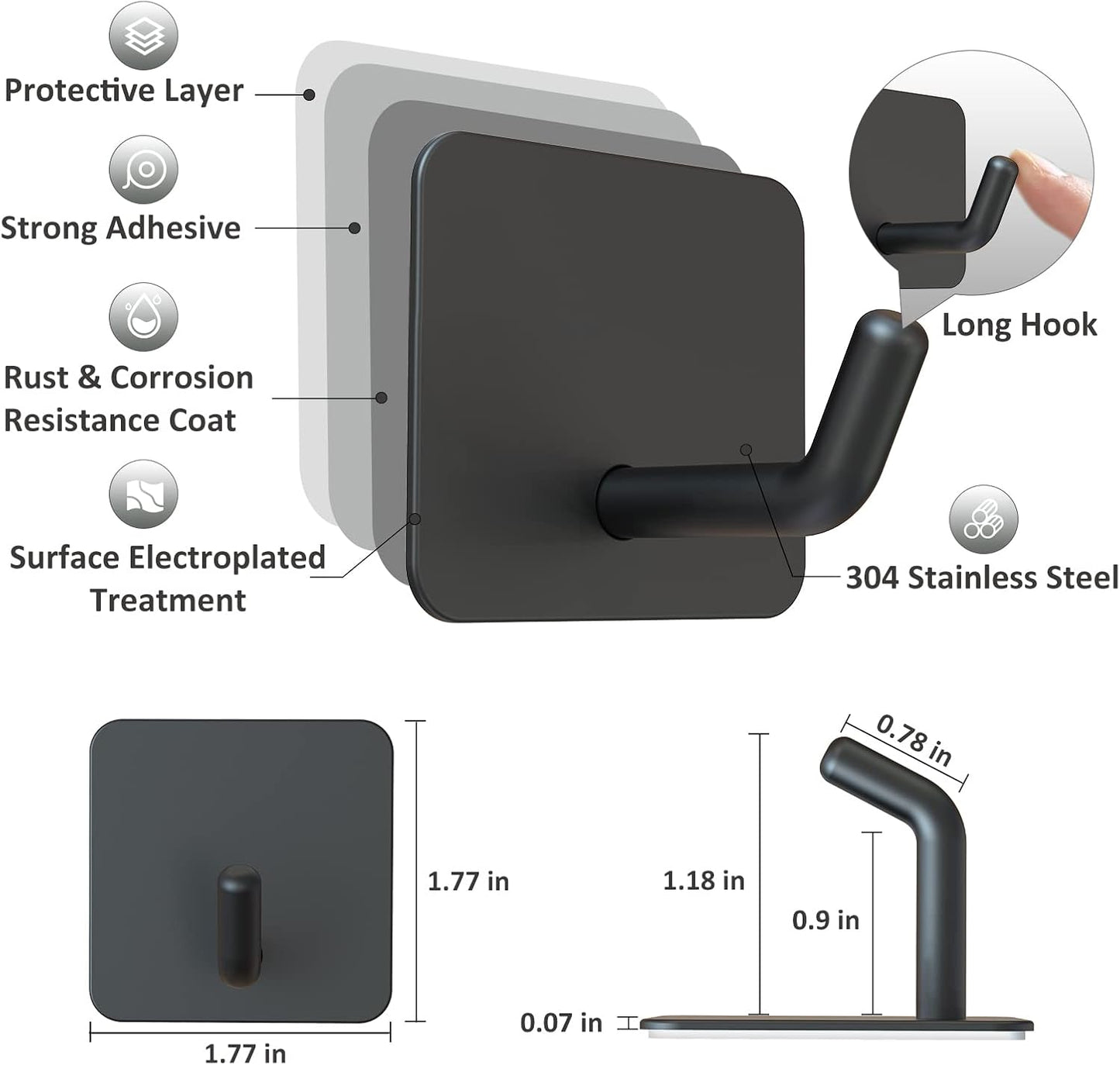 Adhesive Hooks, Heavy Duty Shower Wall Stick on Hooks, Waterproof, 2 Extra Adhesive Strips, Black, 4 Pcs V1258-DP02-B-286