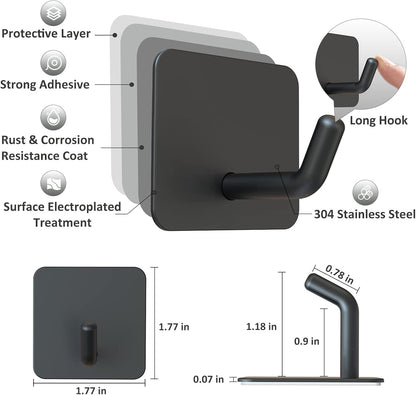 Adhesive Hooks, Heavy Duty Shower Wall Stick on Hooks, Waterproof, 2 Extra Adhesive Strips, Black, 4 Pcs V1258-DP02-B-286