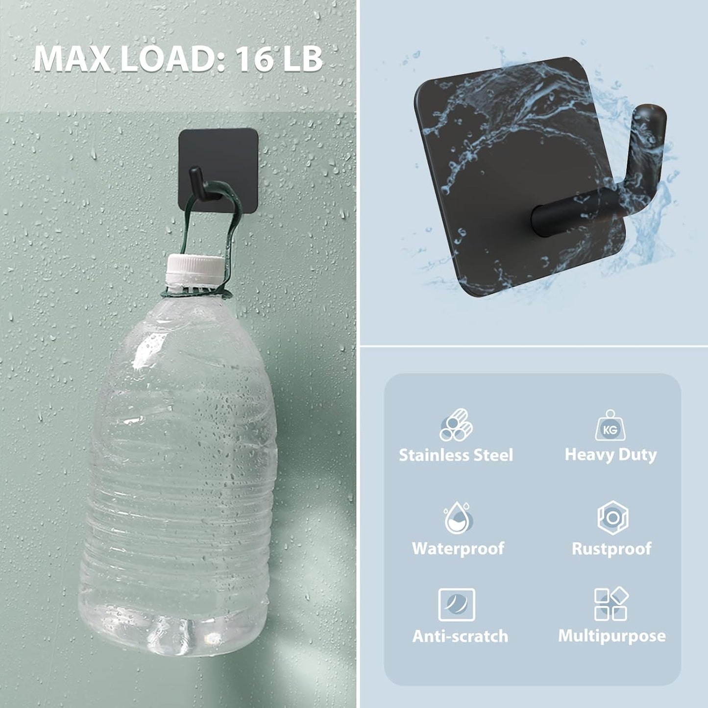 Adhesive Hooks, Heavy Duty Shower Wall Stick on Hooks, Waterproof, 2 Extra Adhesive Strips, Black, 4 Pcs V1258-DP02-B-286