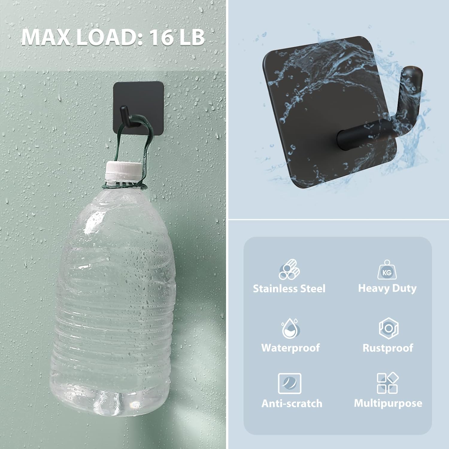 Adhesive Hooks, Heavy Duty Shower Wall Stick on Hooks, Waterproof, 2 Extra Adhesive Strips, Black, 4 Pcs V1258-DP02-B-286
