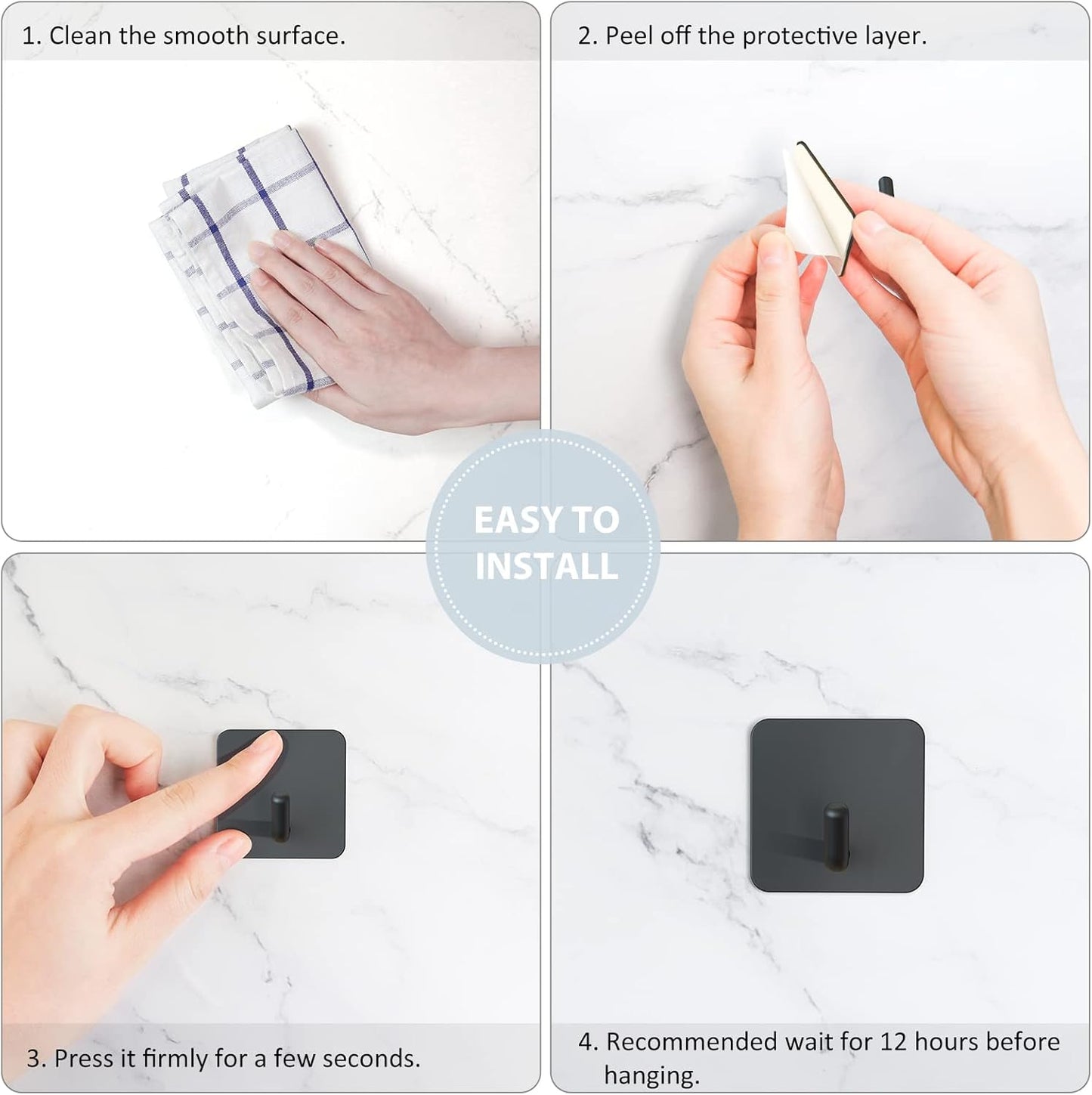 Adhesive Hooks, Heavy Duty Shower Wall Stick on Hooks, Waterproof, 2 Extra Adhesive Strips, Black, 4 Pcs V1258-DP02-B-286