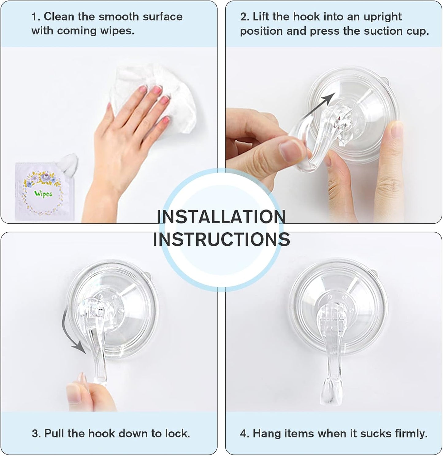 Suction Cup Hooks, Small Shower Suction Hooks with Wipes, Heavy Duty, Removable and Reusable, Clear, 2 Pcs V1258-DP02-B-287