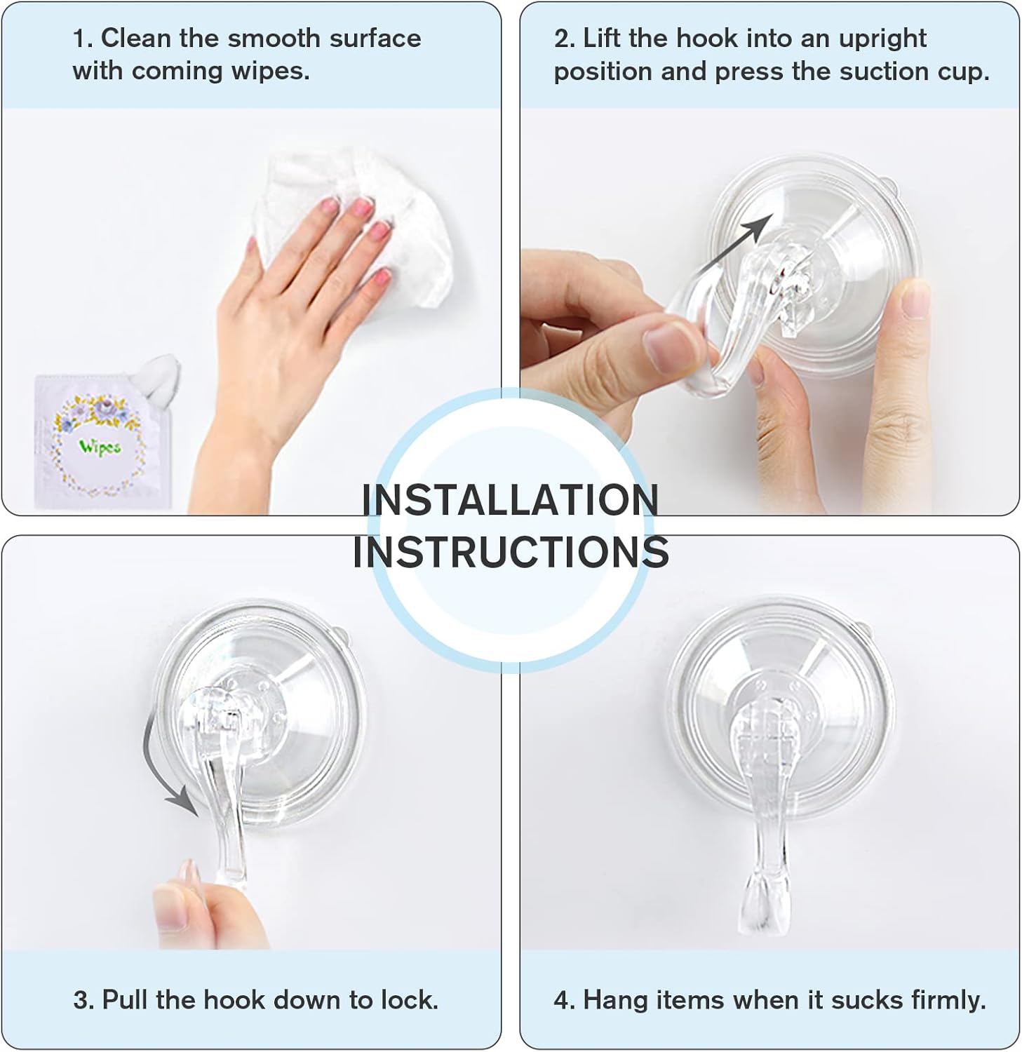 Suction Cup Hooks, Small Shower Suction Hooks with Wipes, Heavy Duty, Removable and Reusable, Clear, 2 Pcs V1258-DP02-B-287