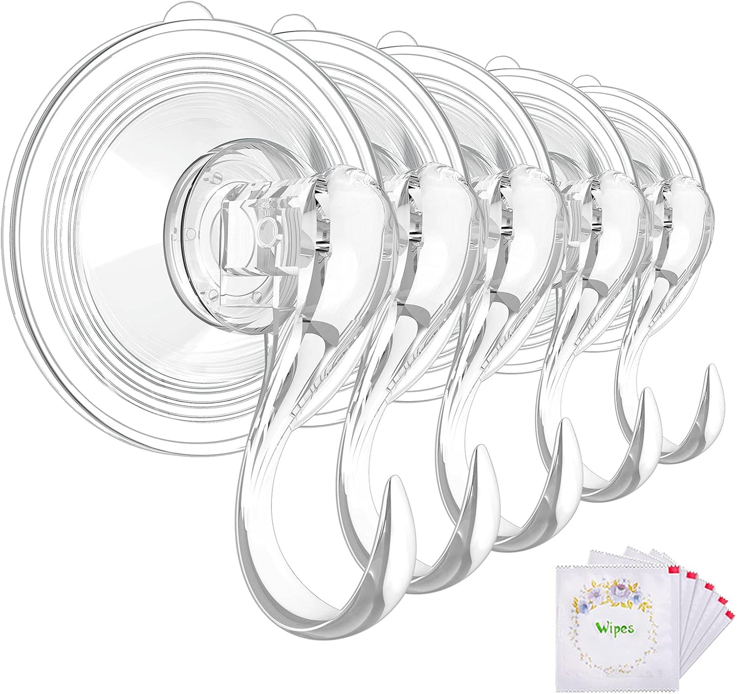 Large Suction Cup Hooks with Wipes, Heavy Duty, Removable and Reusable, Clear, 5 Pcs V1258-DP02-B-288