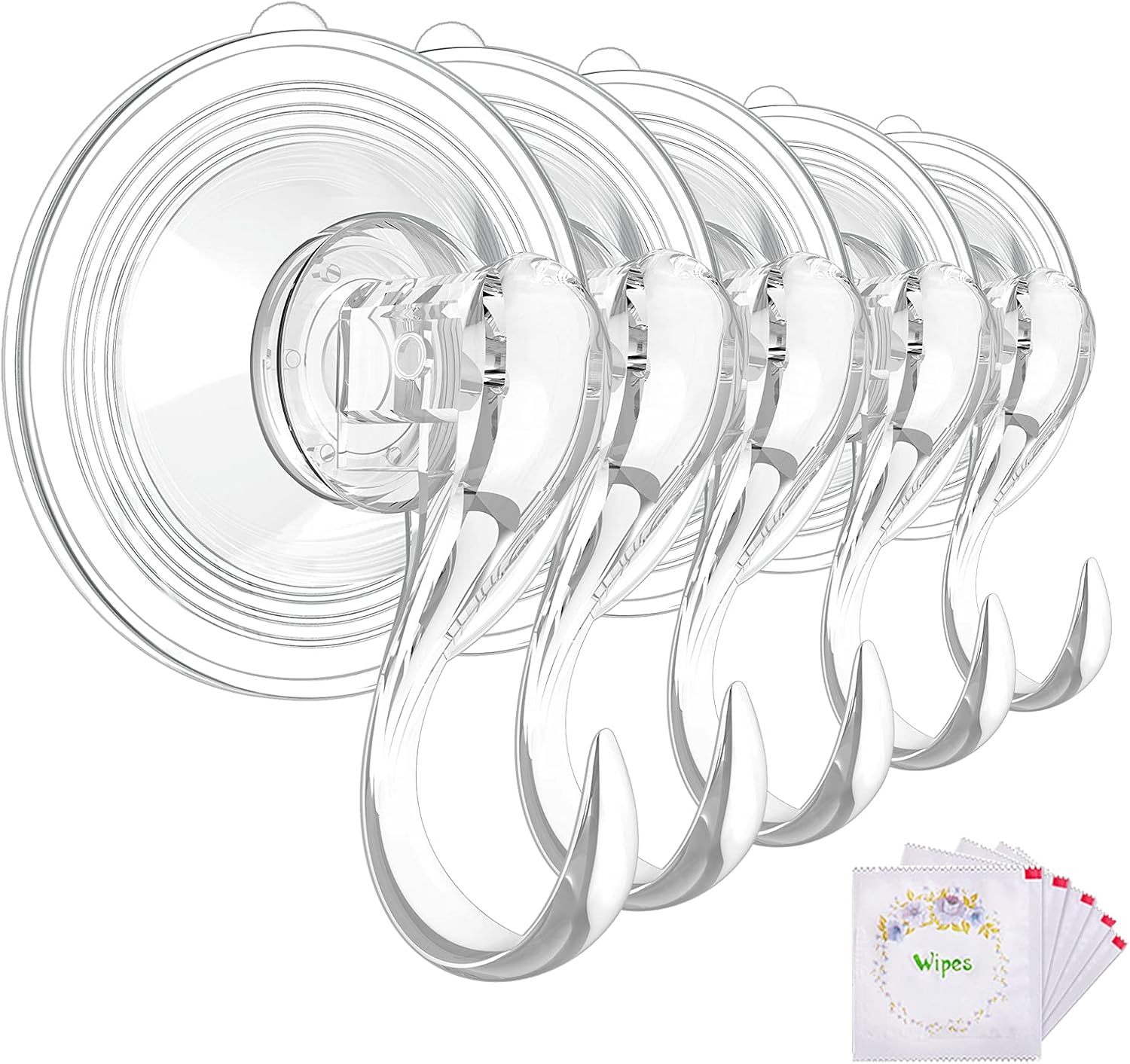 Large Suction Cup Hooks with Wipes, Heavy Duty, Removable and Reusable, Clear, 5 Pcs V1258-DP02-B-288